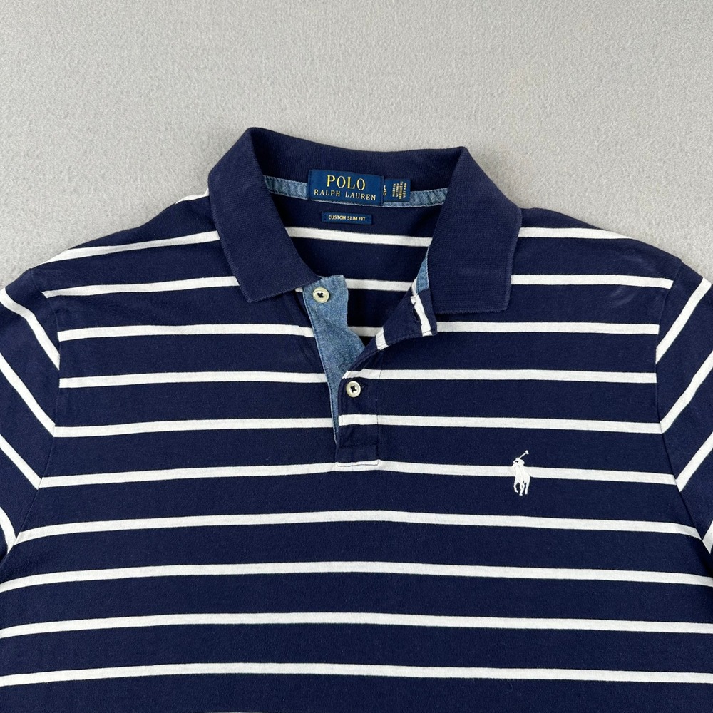 Polo Ralph Lauren Polo Shirt Mens Large Navy Blue Striped Custom Slim Fit